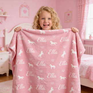 Cute Girls Personalized Name Horse Fleece Blanket
