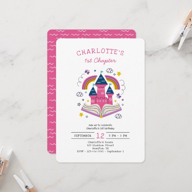 Cute Girl's Pink 1st Birthday Party Invitation (Front/Back In Situ)