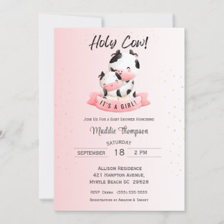 Cute Girls Pink Cow Mom and Baby Shower     Invitation