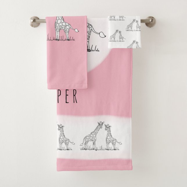 Cute Girl's Pink Doodle Giraffe Safari Child's Bath Towel Set (Insitu)