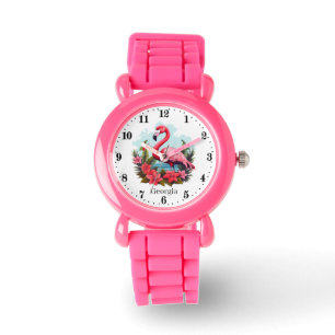 Cute girls pink flamingo add name watch