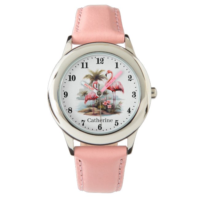 Cute girls pink flamingo add name  watch (Front)