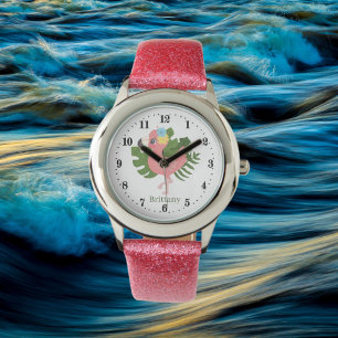 cute girls pink flamingo add name watch