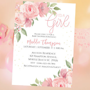 Cute Girls Pink Gold Floral Baby Shower Invitation