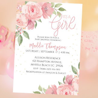 Cute Girls Pink Gold Floral Baby Shower     Invitation