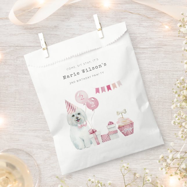 Cute Girls Pink Party Puppy Dog Any Age Birthday Favour Bag (Clipped)