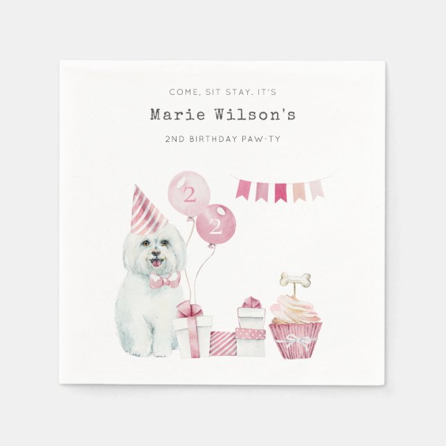 Cute Girls Pink Party Puppy Dog Any Age Birthday Napkin (Front)