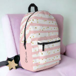 Cute Girl's Pink Stripes and Dots with Name Printed Backpack<br><div class="desc">A fun pattern for girls with horizontal pink and white stripes with golden dots scattered about make this a cute choice in backpacks. A text template along the left side of the design spells out your name or other desired text. Simply personalize the sample text as you wish. Stylish and...</div>