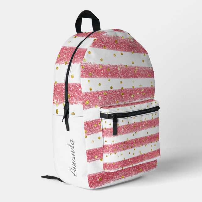 Cute Girl's Pink Stripes and Dots with Name Printed Backpack (Back Corner Left)