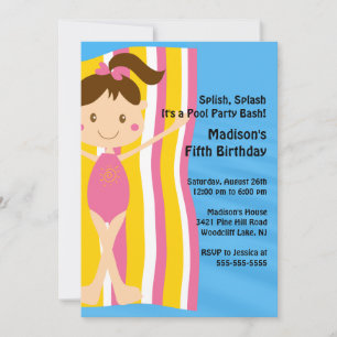 CUTE Girls Pool Party Anniversaire Invitation