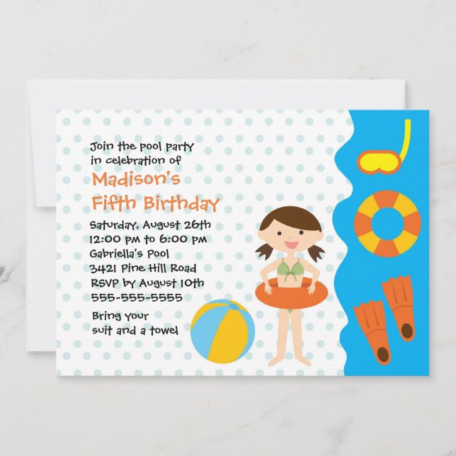CUTE Girl's Pool Party Birthday Invitation (Front)
