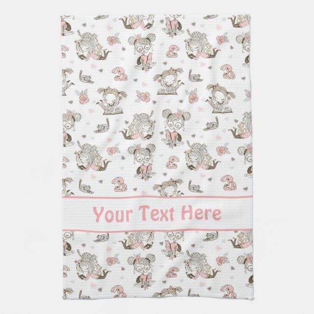 Cute Girls Reading Books Gift Ideas Kitchen Towel (Vertical)