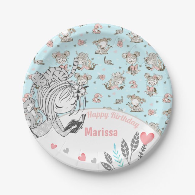 Cute Girls Reading Books Gift Ideas Paper Plate (Front)
