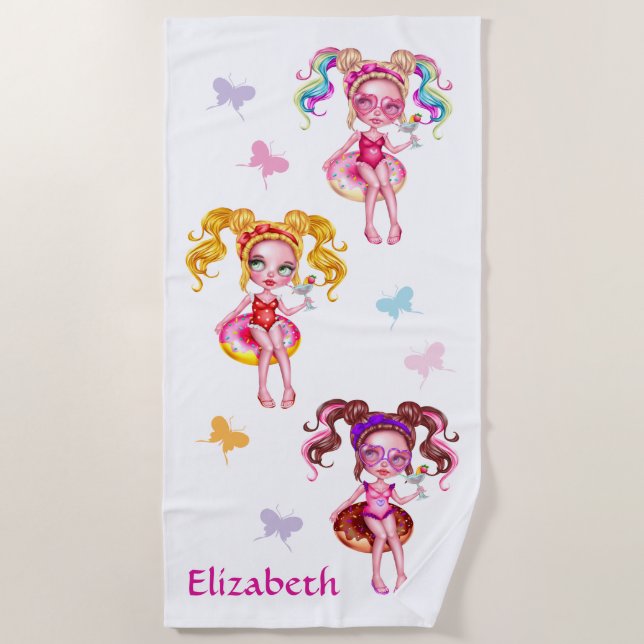 Cute Girls Tubing With Butteries Personalized Beach Towel (Front)