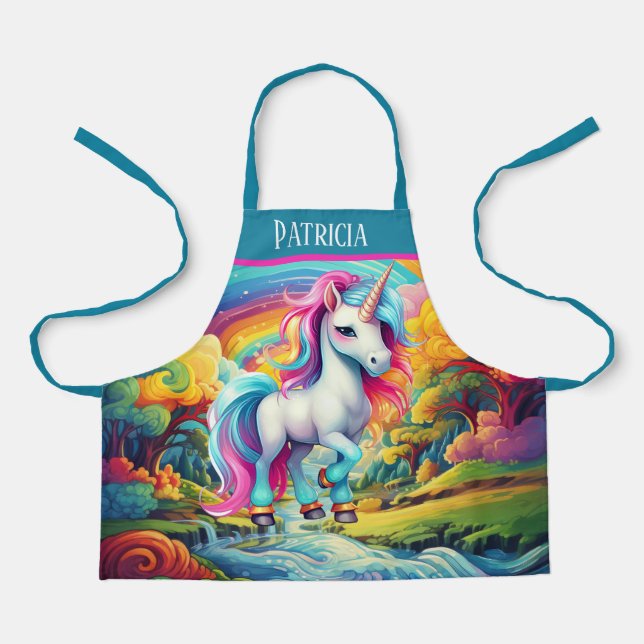 Cute girls unicorn add name apron (Front)