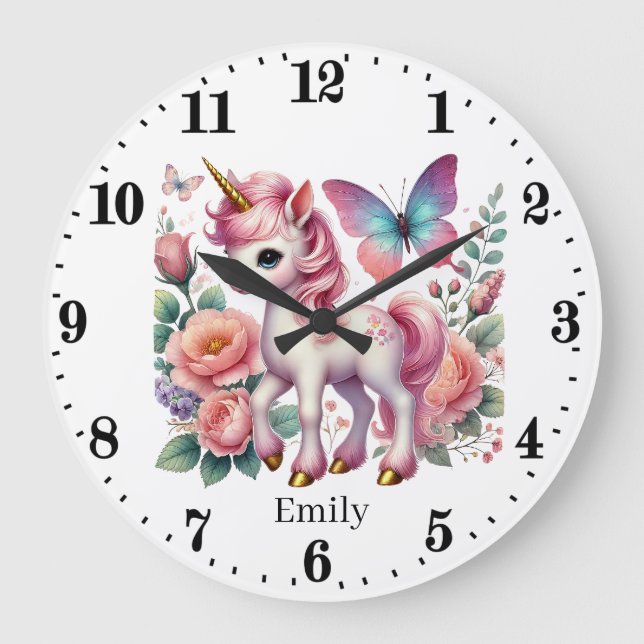Cute girls unicorn lovers add name  large clock (Front)
