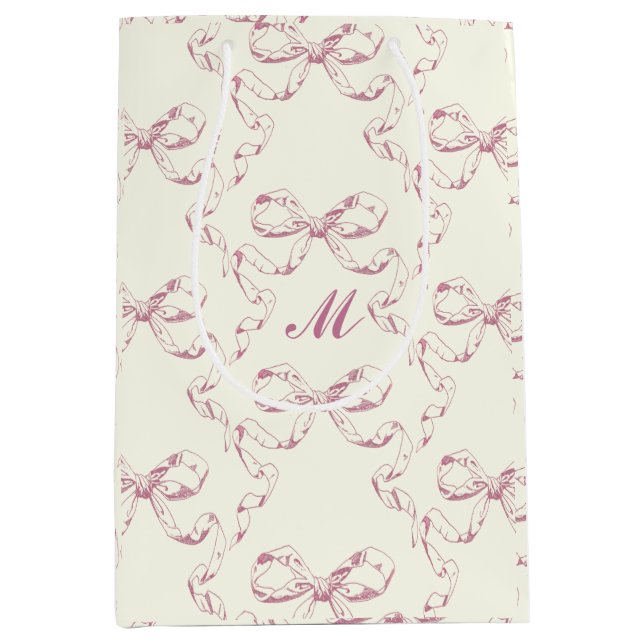 Cute Girly Aesthetic Pink Bow Pattern Monogram Medium Gift Bag (Front)