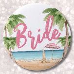 Cute Girly Bachelorette Party Bride 2 Inch Round Button<br><div class="desc">Cute Beach Weekend Bachelorette Party Bride button. A cool watercolor beach theme with shades of pink and teal, setting the vibe for a beach escape with the bride and her besties. From trips to Florida, California, or even something more international like Mexico, Hawaii or The Bahamas, this girls weekend is...</div>