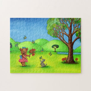 Cute Girly Bear Kitten Whimsical Landscape Jigsaw Puzzle