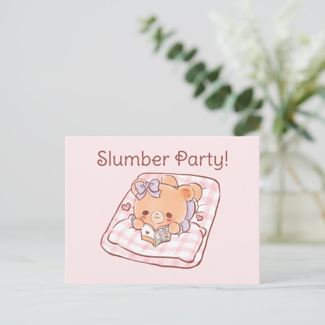 Cute Girly Bear reading on Cozy Bed Slumber Party  Invitation Postcard (Standing Front)