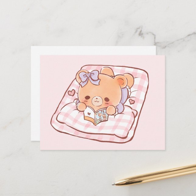 Cute Girly Bear reading Shojo Manga on Cozy Bed Postcard (Front/Back In Situ)