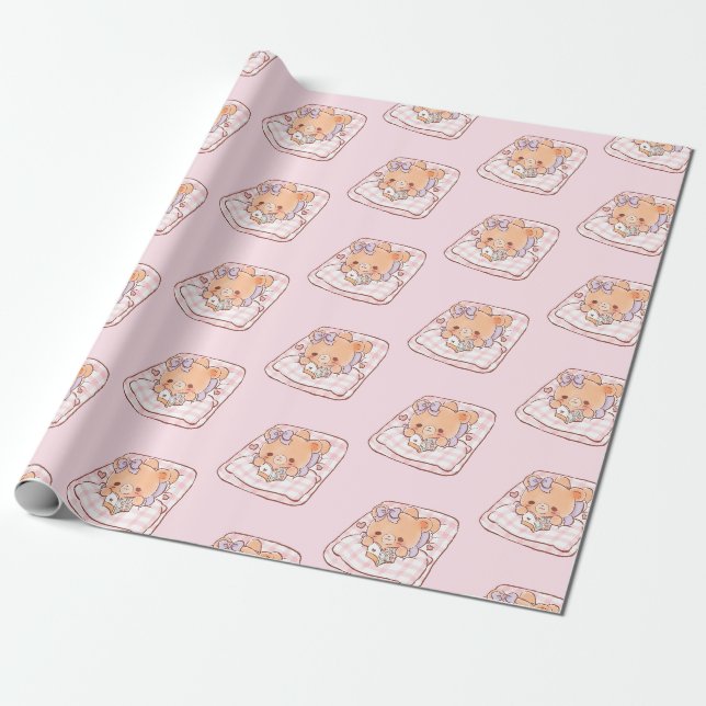 Cute Girly Bear reading Shojo Manga on Cozy Bed Wrapping Paper (Unrolled)