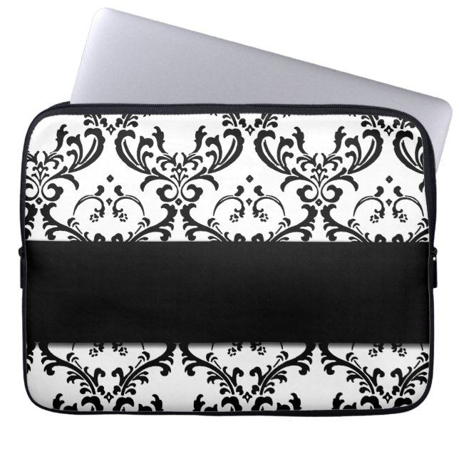 Cute Girly Black Damask Pattern Laptop Sleeve (Front)