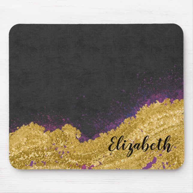 Cute Girly Black Gold Monogram Name Mouse Pad (Front)