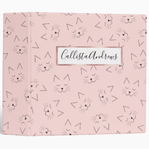 Cute Girly Black Kitty Cat Face Pink Pattern Binder