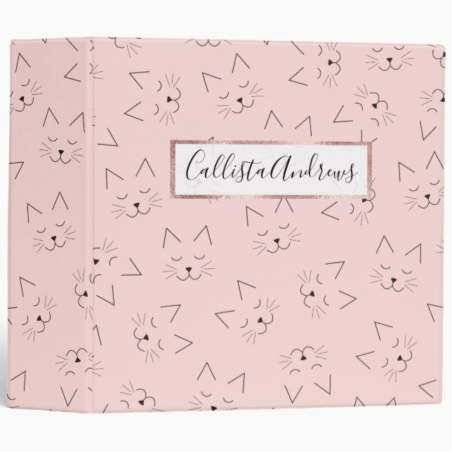 Cute Girly Black Kitty Cat Face Pink Pattern Binder (Front/Spine)