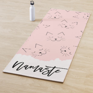 Cute Girly Black Kitty Cat Face Pink Pattern Yoga Mat