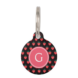 Cute girly black pink strawberry patterns monogram pet tag