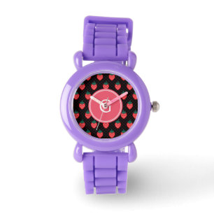 Cute girly black pink strawberry patterns monogram watch