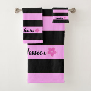 Cute Girly Black & Pink Stripes Frangipani Custom Bath Towel Set