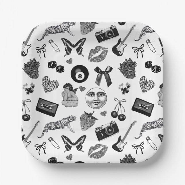 Cute Girly Black White Aesthetic Pattern Paper Plate (Front)