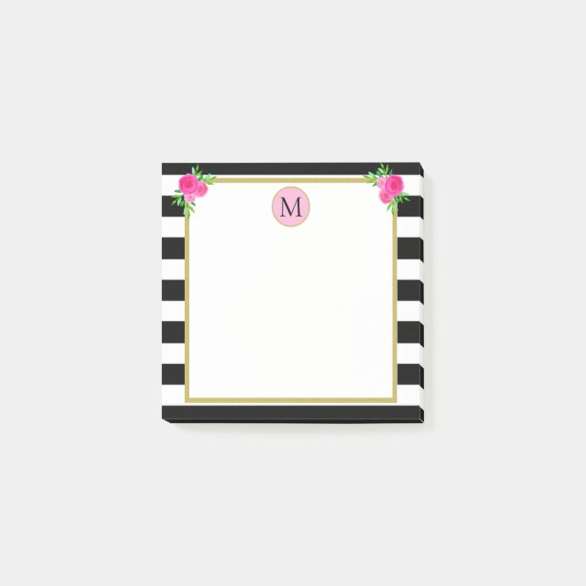 Cute Girly Black White Striped Floral Monogram Post-it Notes (Front)