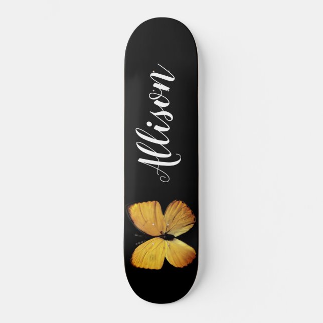 Cute Girly Black Yellow Butterfly Personalized Skateboard (Front)