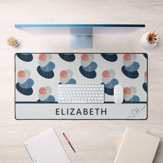 Cute Girly Blue boho Wildflower abstract pattern Desk Mat (Office 1)