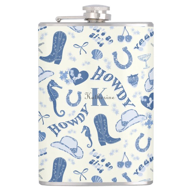 Cute Girly Blue Coastal Cowgirl Name Monogram Hip Flask (Front)