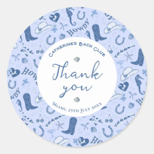 Cute Girly Blue Coastal Cowgirl Stripe Thank you Classic Round Sticker