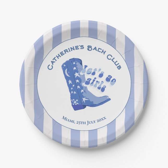 Cute Girly Blue Cowgirl Boot Stripe Paper Plate (Front)