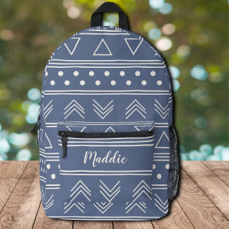 Cute Girly Blue Mudcloth Monogram Name Printed Backpack