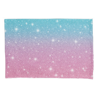 Cute Girly Blue Pink Faux Glitter Sparkles Pillowcase