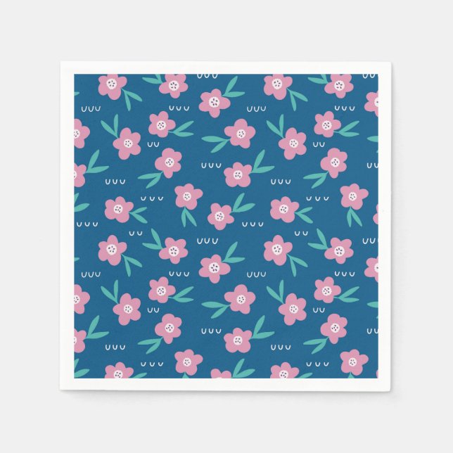 Cute Girly Blue & Pink Floral Napkin (Front)
