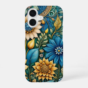 Cute Girly Blue Sunflower Garden Abstract Art iPhone 16 Case