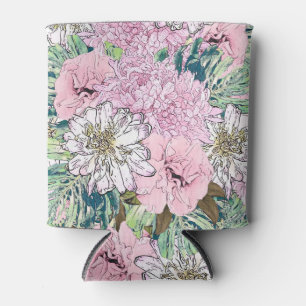 Cute Girly Blush Pink & White Floral Illustration Can Cooler