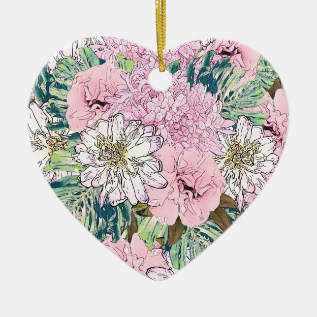 Cute Girly Blush Pink & White Floral Illustration Ceramic Ornament (Front)