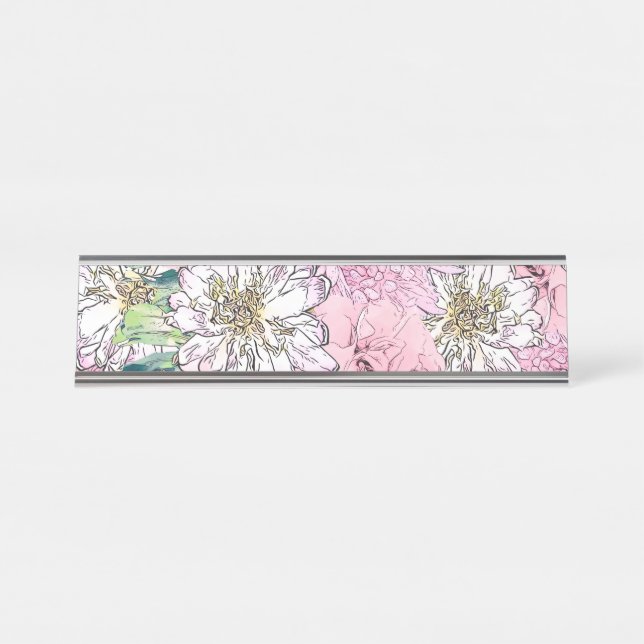 Cute Girly Blush Pink & White Floral Illustration Desk Name Plate (Front)