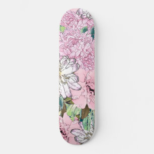 Cute Girly Blush Pink & White Floral Illustration Skateboard