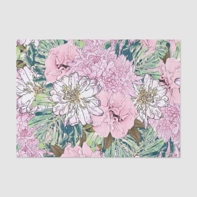 Cute Girly Blush Pink & White Floral Illustration Tissue Paper (Front)